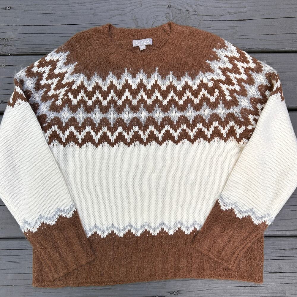 J.Crew Fair Isle Crewneck Brushed Wool Alpaca Sweater Brown Ivory Gray M BV353 - Picture 2 of 9